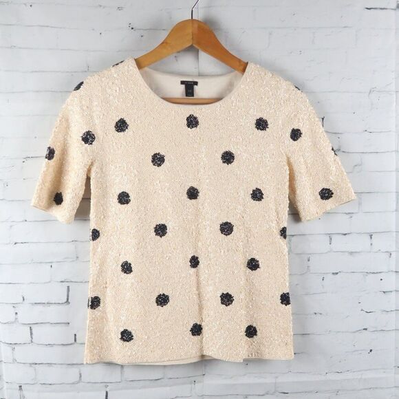 J CREW LIGHT PEACH WITH BLACK POLKA DOTS SHORT SLEEVE SEQUIN TOP SIZE XXS - Picture 4 of 11
